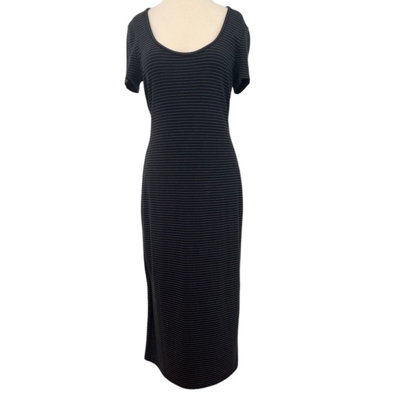 Marine Layer Lexi Rib Black Blue Striped Short Sleeve Midi T-Shirt Dress Size XL - Picture 3 of 11